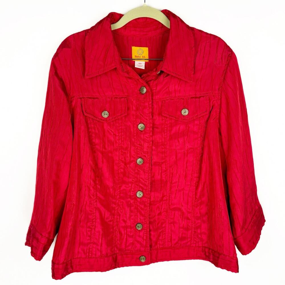 Ruby Rd. Red Satin Textured Lightweight Button Up… - image 1